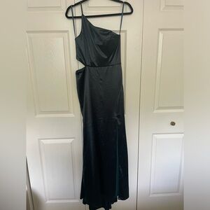 One shoulder dark green satin dress with slit